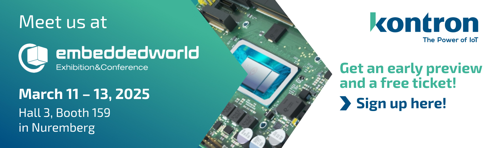 Embedded World 2025 Banner, booth and hall number, free ticket 